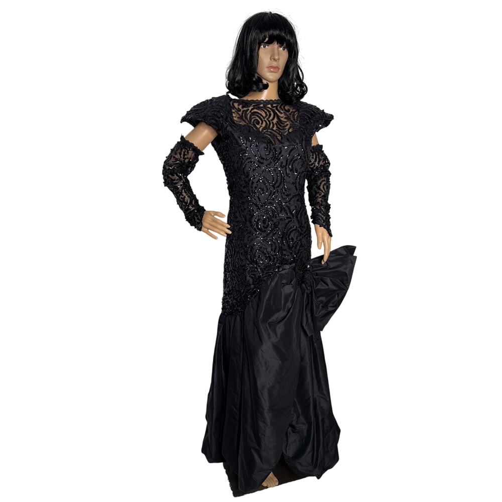 Vintage Demetrios Black Beaded Evening Gown with Dramatic Bow gloves M-L